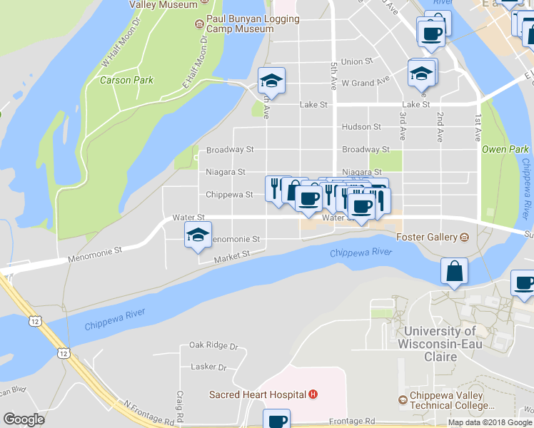map of restaurants, bars, coffee shops, grocery stores, and more near 213 7th Avenue in Eau Claire
