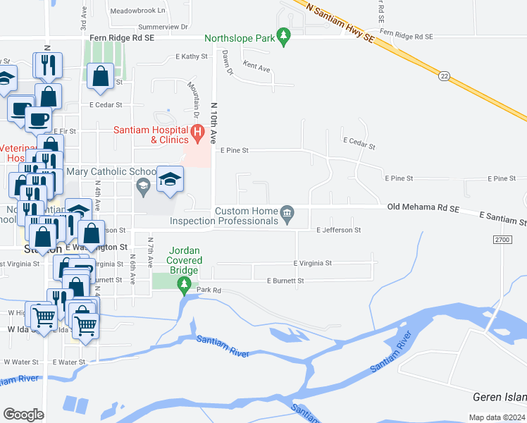 map of restaurants, bars, coffee shops, grocery stores, and more near 1284 East Santiam Street in Stayton