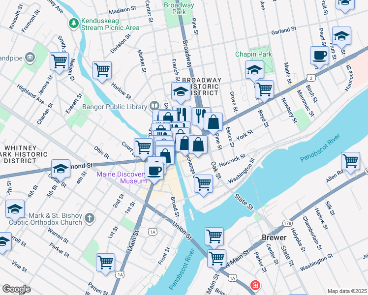 map of restaurants, bars, coffee shops, grocery stores, and more near 205 Exchange Street in Bangor