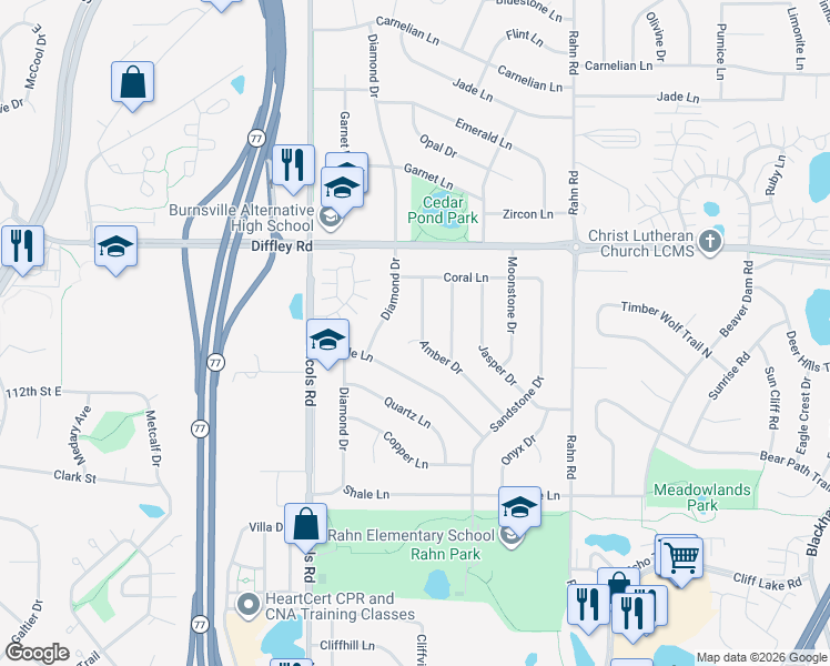 map of restaurants, bars, coffee shops, grocery stores, and more near 4259 Amber Court in Eagan