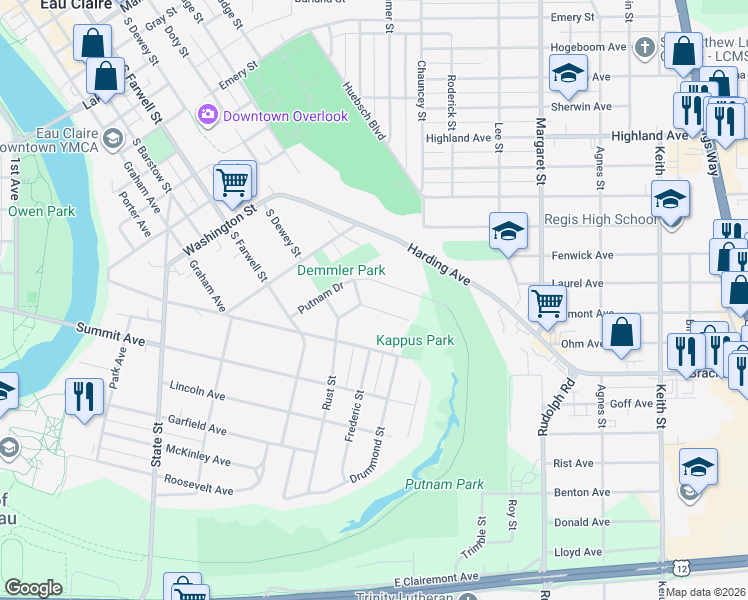 map of restaurants, bars, coffee shops, grocery stores, and more near 620 Ripley Avenue in Eau Claire