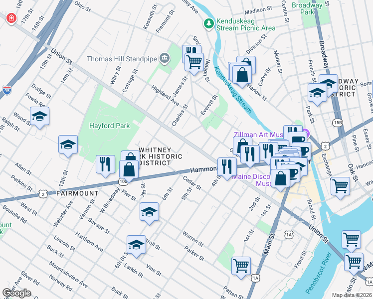 map of restaurants, bars, coffee shops, grocery stores, and more near 40 Pond Street in Bangor