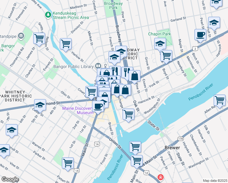 map of restaurants, bars, coffee shops, grocery stores, and more near 205 Exchange Street in Bangor