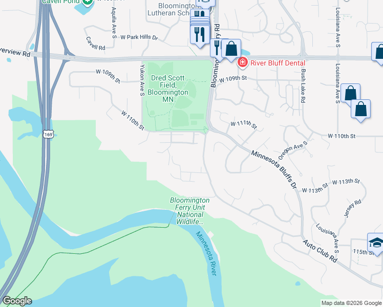 map of restaurants, bars, coffee shops, grocery stores, and more near 11110 Bloomington Ferry Road in Minneapolis