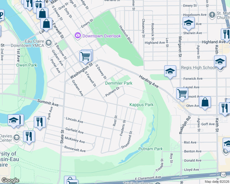 map of restaurants, bars, coffee shops, grocery stores, and more near 503 Putnam Drive in Eau Claire
