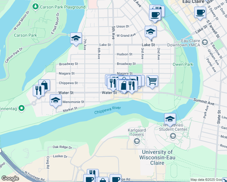 map of restaurants, bars, coffee shops, grocery stores, and more near 216 5th Avenue in Eau Claire