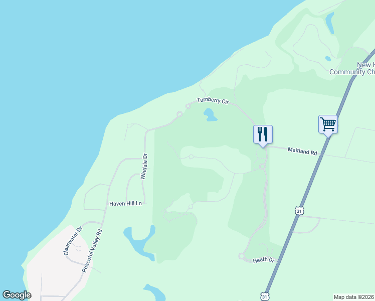 map of restaurants, bars, coffee shops, grocery stores, and more near Turnberry Circle in Williamsburg