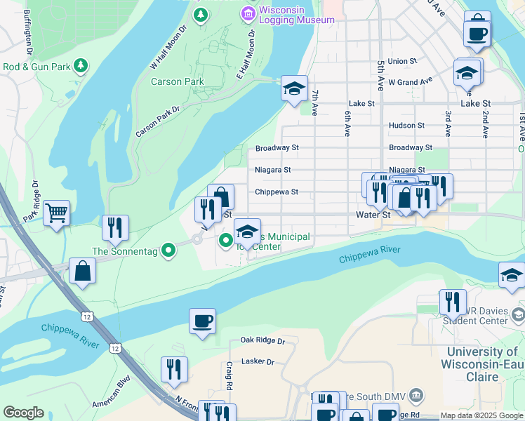 map of restaurants, bars, coffee shops, grocery stores, and more near 809 Water Street in Eau Claire