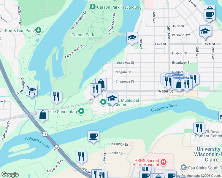 map of restaurants, bars, coffee shops, grocery stores, and more near 902 Water Street in Eau Claire