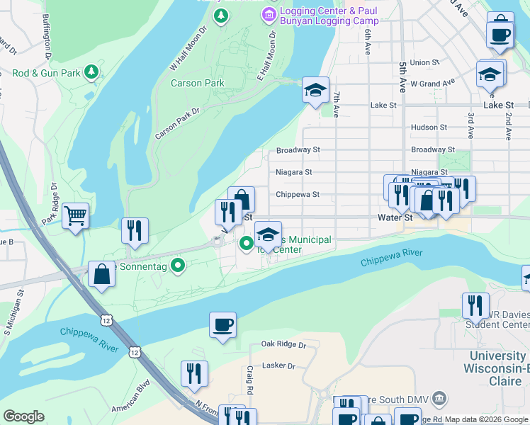 map of restaurants, bars, coffee shops, grocery stores, and more near 902 Water Street in Eau Claire