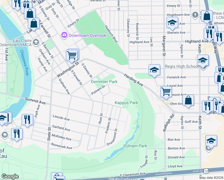 map of restaurants, bars, coffee shops, grocery stores, and more near 517 Ripley Avenue in Eau Claire
