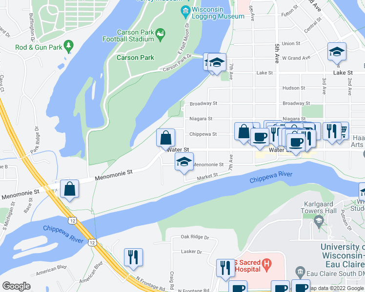 map of restaurants, bars, coffee shops, grocery stores, and more near 208 9th Avenue in Eau Claire