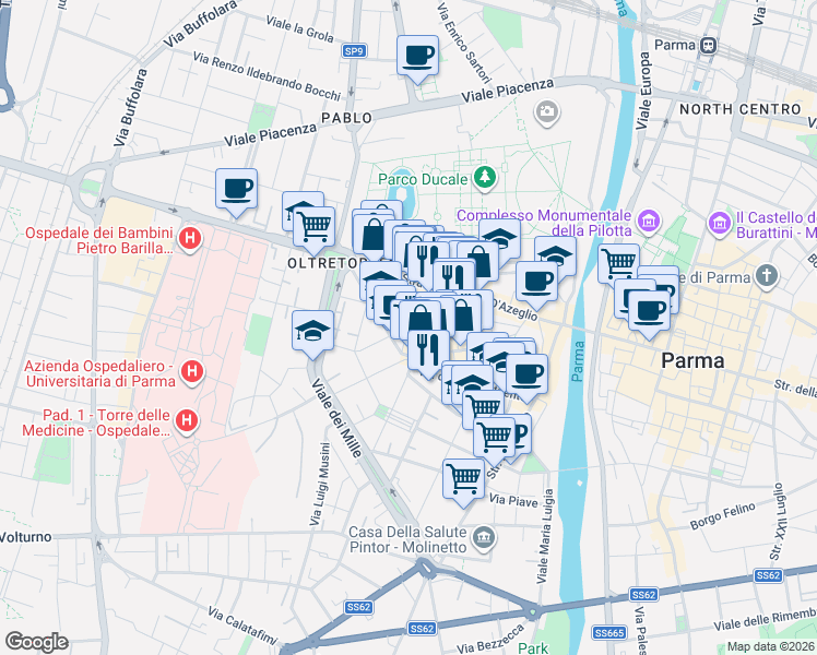 map of restaurants, bars, coffee shops, grocery stores, and more near 59 Borgo Pietro Cocconi in Parma