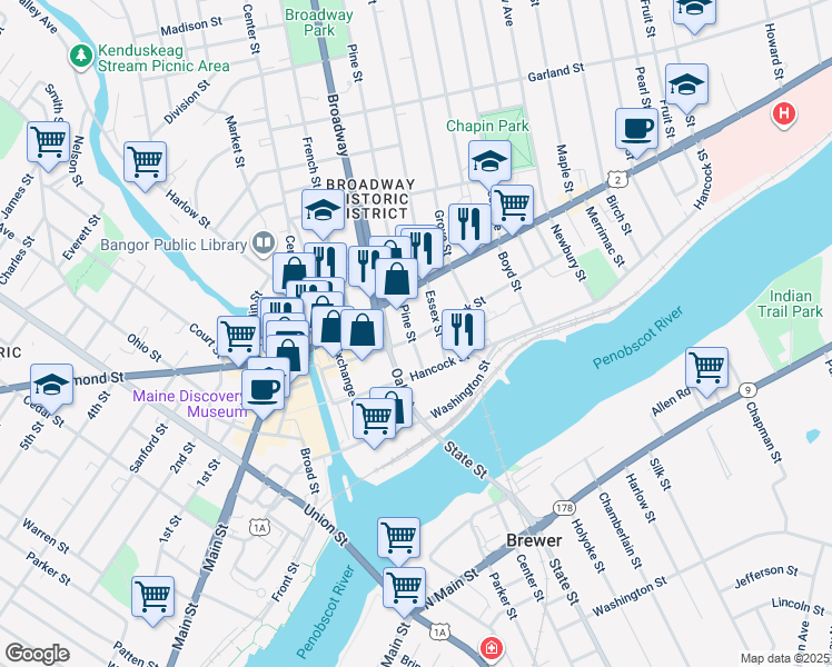 map of restaurants, bars, coffee shops, grocery stores, and more near 97 Oak Street in Bangor