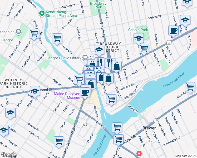 map of restaurants, bars, coffee shops, grocery stores, and more near 205 Exchange Street in Bangor