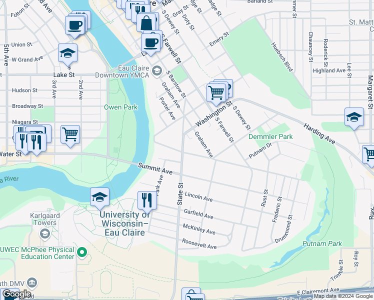 map of restaurants, bars, coffee shops, grocery stores, and more near 1301 State Street in Eau Claire