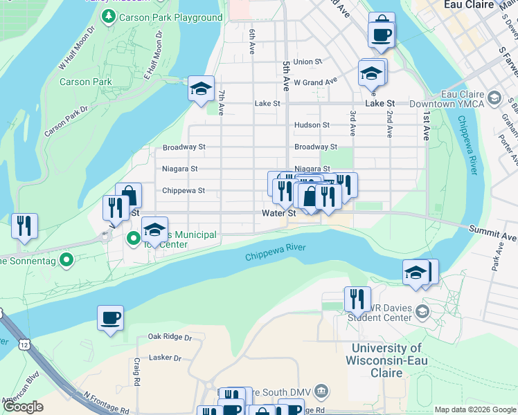 map of restaurants, bars, coffee shops, grocery stores, and more near 601 Water Street in Eau Claire