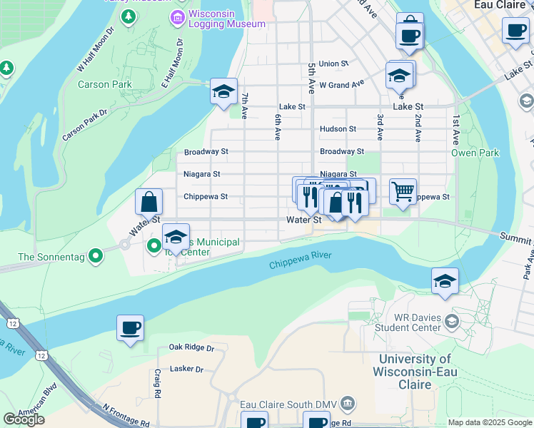 map of restaurants, bars, coffee shops, grocery stores, and more near 601 Water Street in Eau Claire