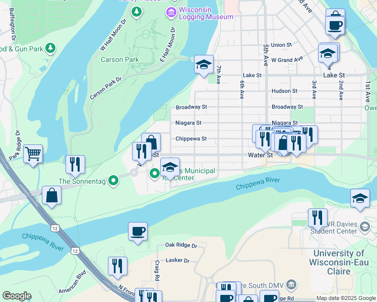 map of restaurants, bars, coffee shops, grocery stores, and more near 809 Water Street in Eau Claire