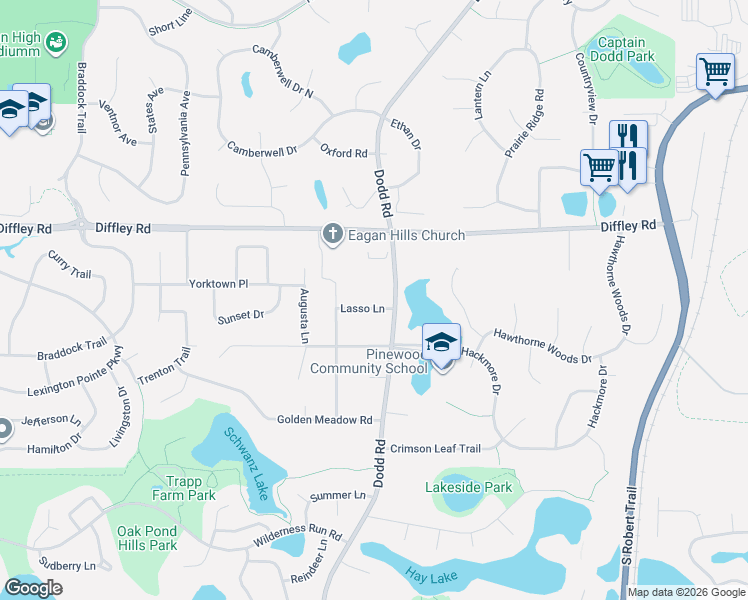 map of restaurants, bars, coffee shops, grocery stores, and more near 4275 Dodd Road in Eagan