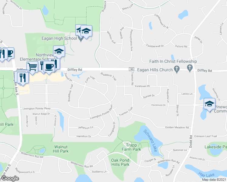 map of restaurants, bars, coffee shops, grocery stores, and more near 4276 Braddock Trail in Eagan