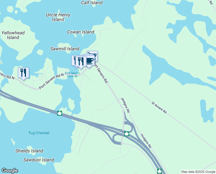 map of restaurants, bars, coffee shops, grocery stores, and more near 3182 Port Severn Road in Simcoe County