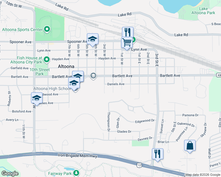 map of restaurants, bars, coffee shops, grocery stores, and more near 727 3rd Street West in Altoona
