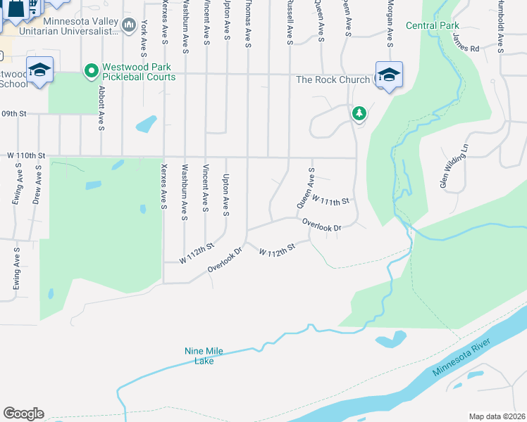 map of restaurants, bars, coffee shops, grocery stores, and more near 2600 Overlook Drive in Minneapolis