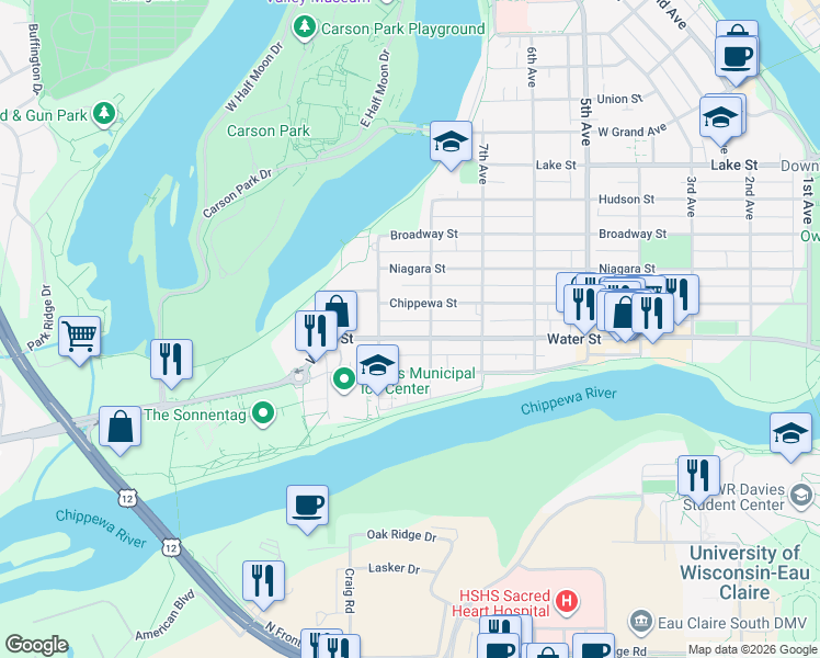 map of restaurants, bars, coffee shops, grocery stores, and more near 809 Water Street in Eau Claire