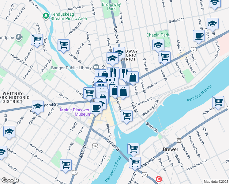 map of restaurants, bars, coffee shops, grocery stores, and more near Harlow Street in Bangor