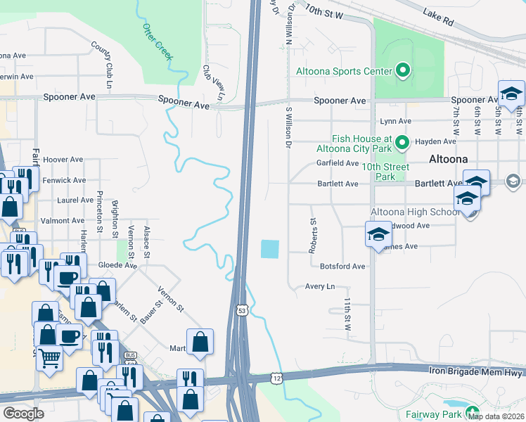 map of restaurants, bars, coffee shops, grocery stores, and more near 695 Autumn Drive in Altoona
