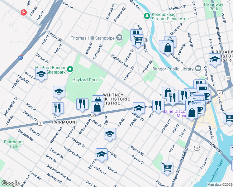 map of restaurants, bars, coffee shops, grocery stores, and more near 16 Hayward Street in Bangor