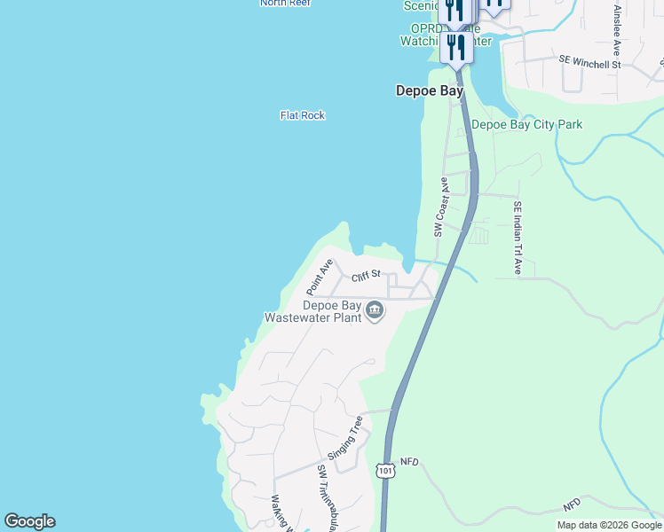 map of restaurants, bars, coffee shops, grocery stores, and more near 424 Cliff Street in Depoe Bay