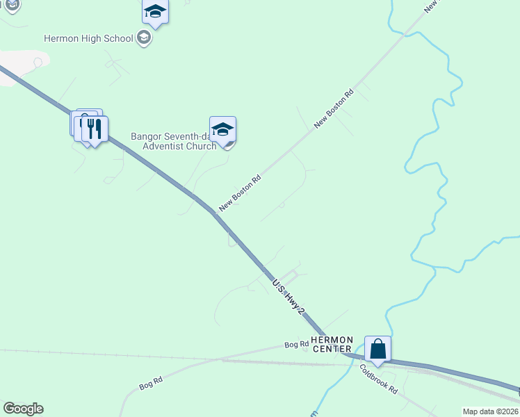 map of restaurants, bars, coffee shops, grocery stores, and more near 1-99 Fenway Drive in Hermon