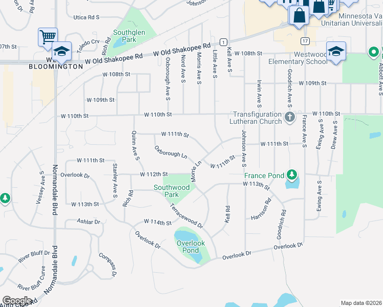 map of restaurants, bars, coffee shops, grocery stores, and more near 4608 Oxborough Lane in Bloomington