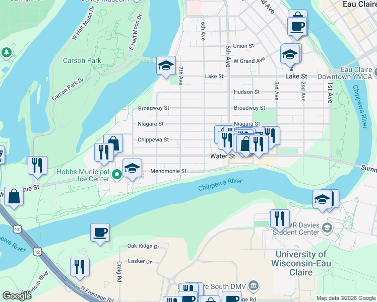 map of restaurants, bars, coffee shops, grocery stores, and more near 633 Water Street in Eau Claire