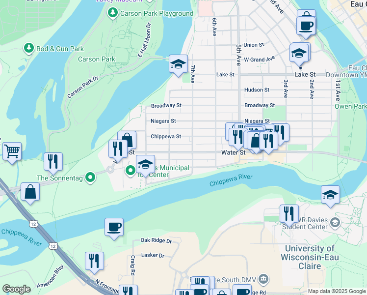 map of restaurants, bars, coffee shops, grocery stores, and more near 725 Water Street in Eau Claire