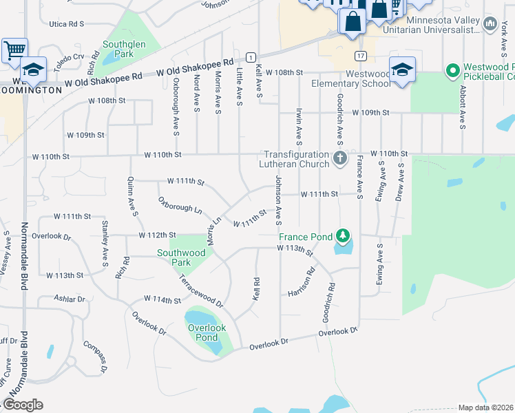 map of restaurants, bars, coffee shops, grocery stores, and more near 4408 West 111th Street in Minneapolis