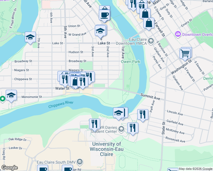map of restaurants, bars, coffee shops, grocery stores, and more near in Eau Claire