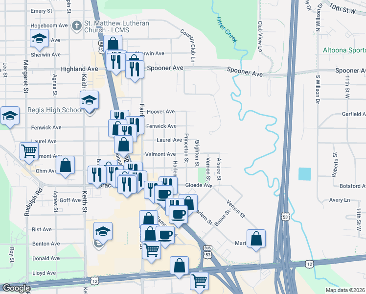 map of restaurants, bars, coffee shops, grocery stores, and more near 803 Harlem Street in Altoona