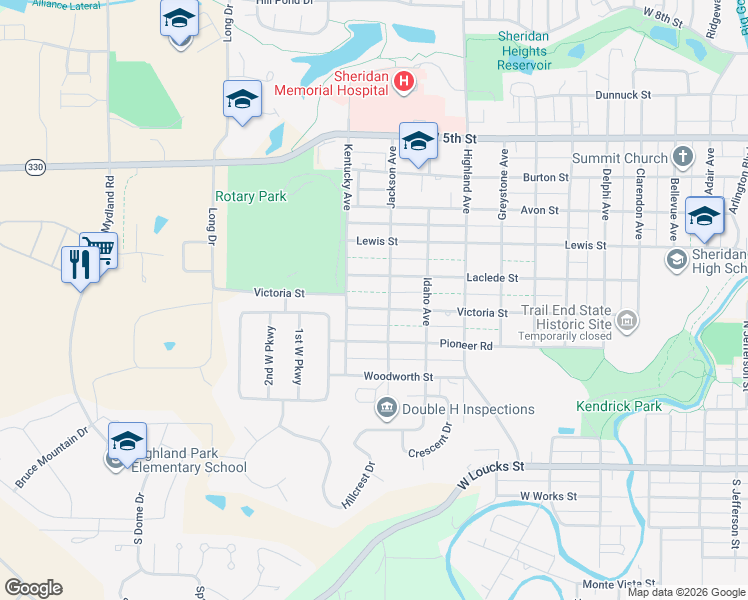 map of restaurants, bars, coffee shops, grocery stores, and more near 1418 Victoria St in Sheridan
