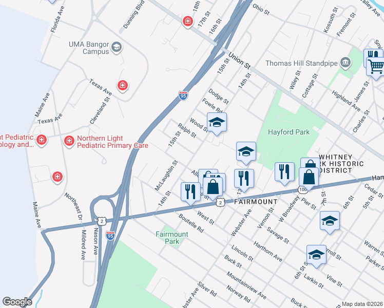 map of restaurants, bars, coffee shops, grocery stores, and more near 293 14th Street in Bangor