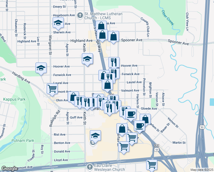 map of restaurants, bars, coffee shops, grocery stores, and more near 1518 South Hastings Way in Eau Claire