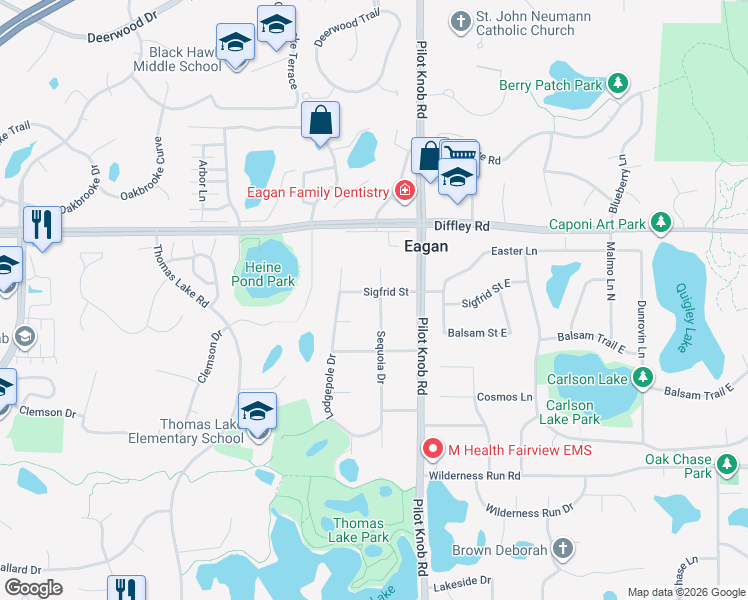map of restaurants, bars, coffee shops, grocery stores, and more near 1439 Hemlock Circle in Eagan