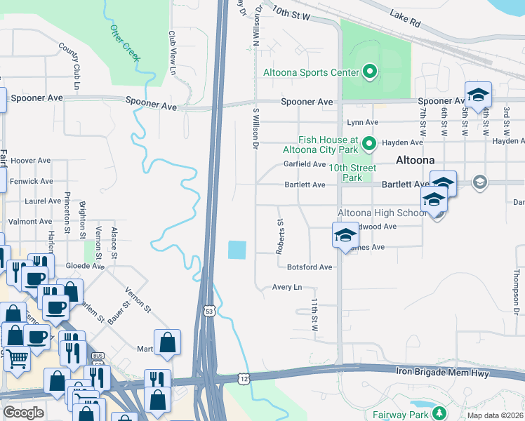 map of restaurants, bars, coffee shops, grocery stores, and more near 720 Roberts Street in Altoona