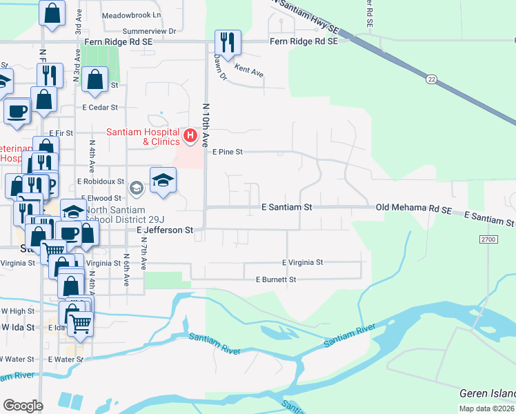 map of restaurants, bars, coffee shops, grocery stores, and more near 1284 East Santiam Street in Stayton