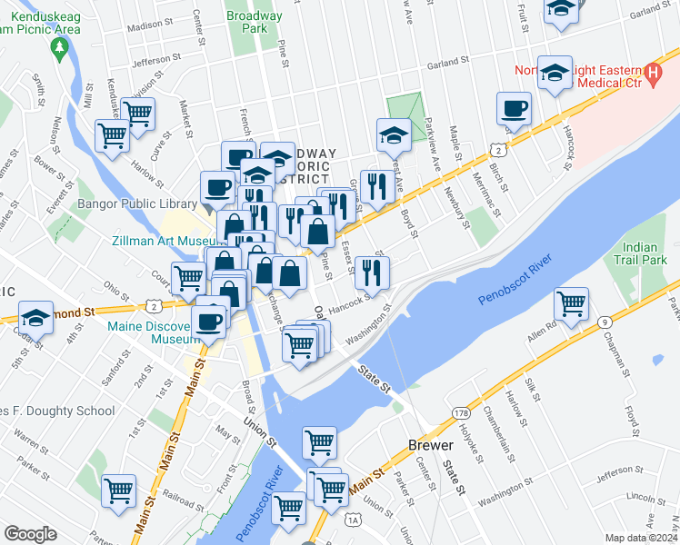 map of restaurants, bars, coffee shops, grocery stores, and more near 97 Oak Street in Bangor