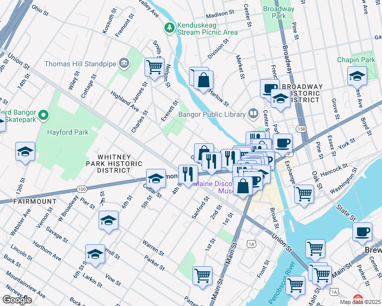 map of restaurants, bars, coffee shops, grocery stores, and more near 30 Ohio Street in Bangor
