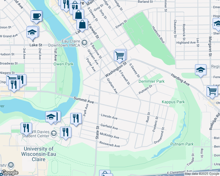 map of restaurants, bars, coffee shops, grocery stores, and more near 340 Gilbert Avenue in Eau Claire