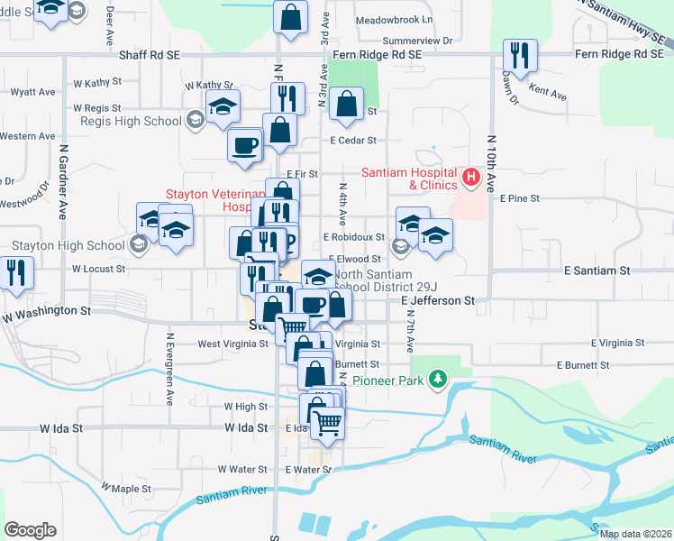 map of restaurants, bars, coffee shops, grocery stores, and more near 1039 North 4th Avenue in Stayton